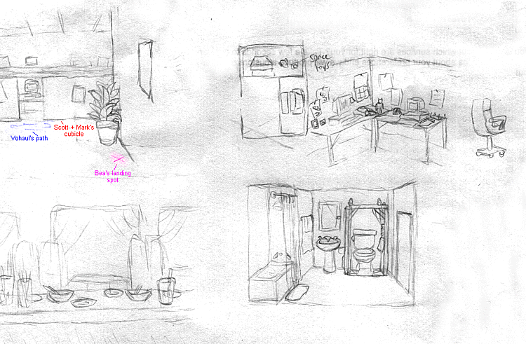 Pencil sketches, new scenes, Pledge Quest II